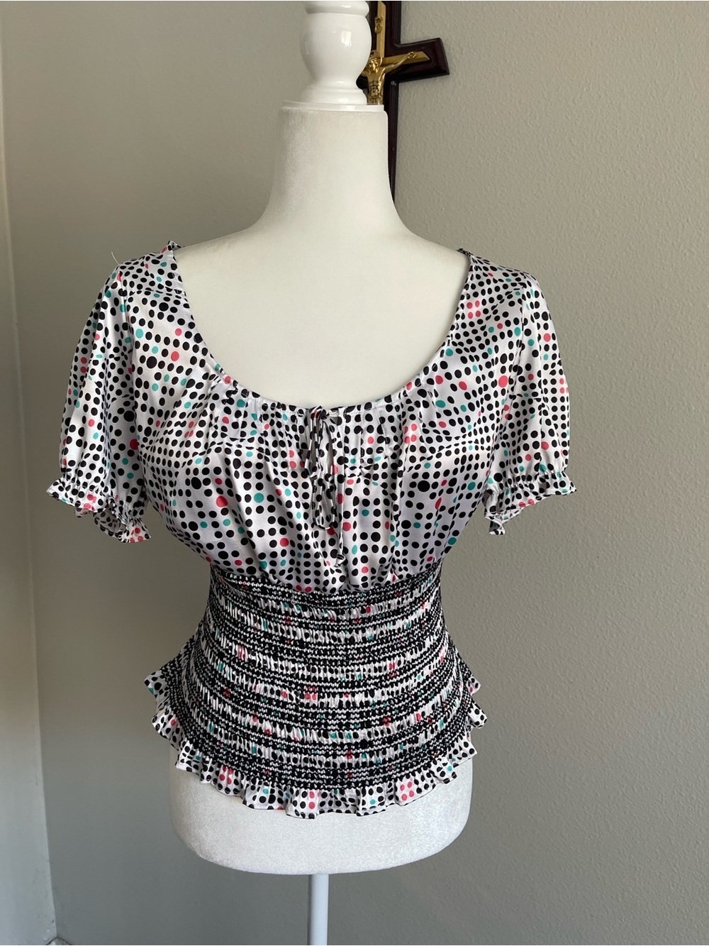 Polka Dot Smocked Waist Flutter Sleeve Top - White with Black, Pink & Teal Dots